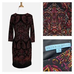 Antonio Melani Womens 3/4 Sleeve Sheath Dress Size 4 Black Pink Paisley Office